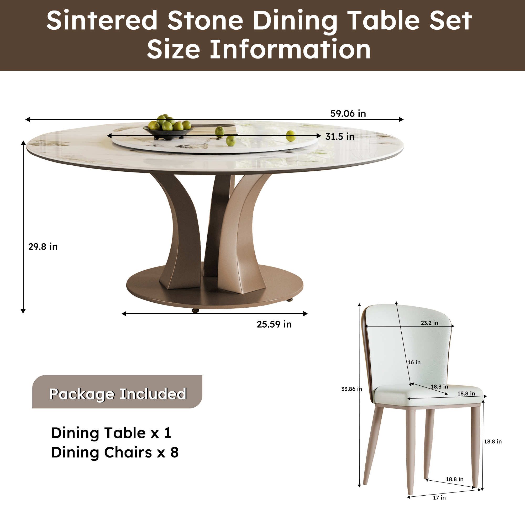 59" Round Dining Table Set with Rotating Lazy Susan - Modern Sintered Stone Top & Industrial Base for 8-10 People