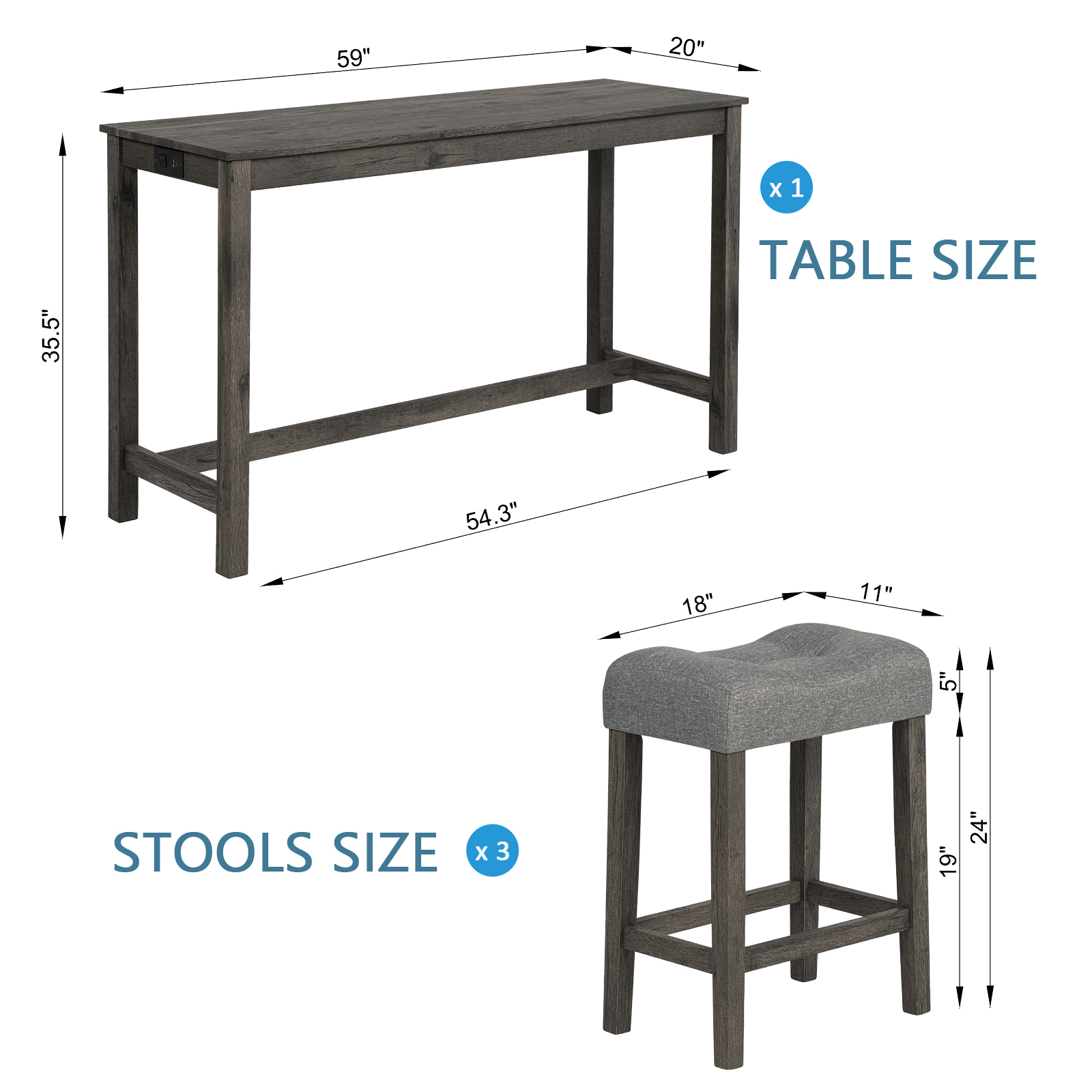 Dark Gray 4-Piece Sofa Bar Table Set with Power Outlet & USB Ports - Behind Couch Console Table with 3 Upholstered Stools for Living Room