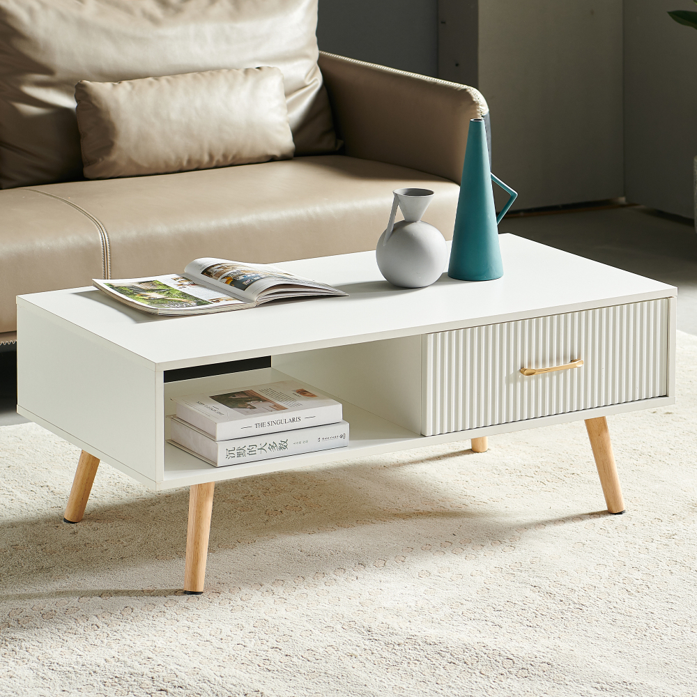 Modern White Rectangle Coffee Table with Solid Wood Legs, Sliding Drawer Storage & Open Shelf for Living Room
