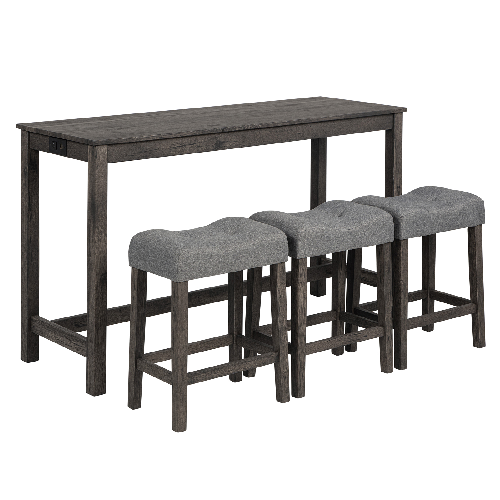 Dark Gray 4-Piece Sofa Bar Table Set with Power Outlet & USB Ports - Behind Couch Console Table with 3 Upholstered Stools for Living Room