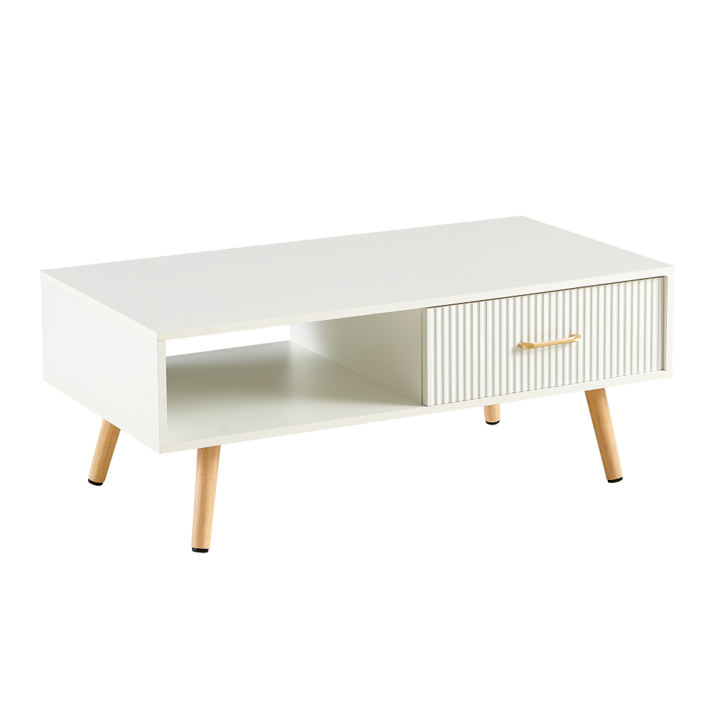 Modern White Rectangle Coffee Table with Solid Wood Legs, Sliding Drawer Storage & Open Shelf for Living Room
