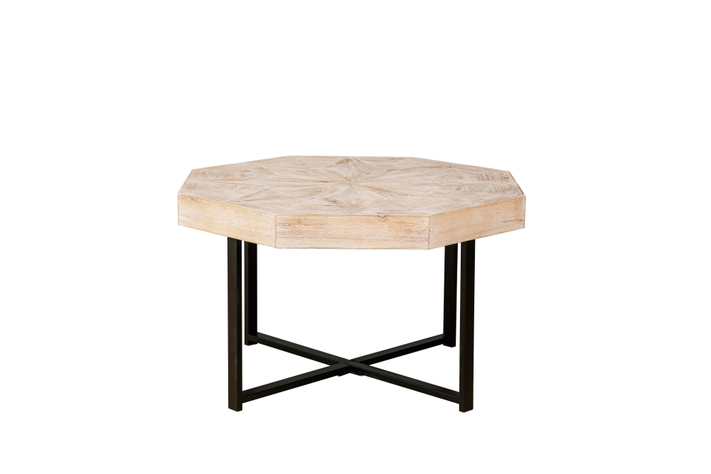 Vintage Octagonal Coffee Table with Patchwork Wood Top & Cross Metal Legs - Rustic Farmhouse Accent Table for Living Room