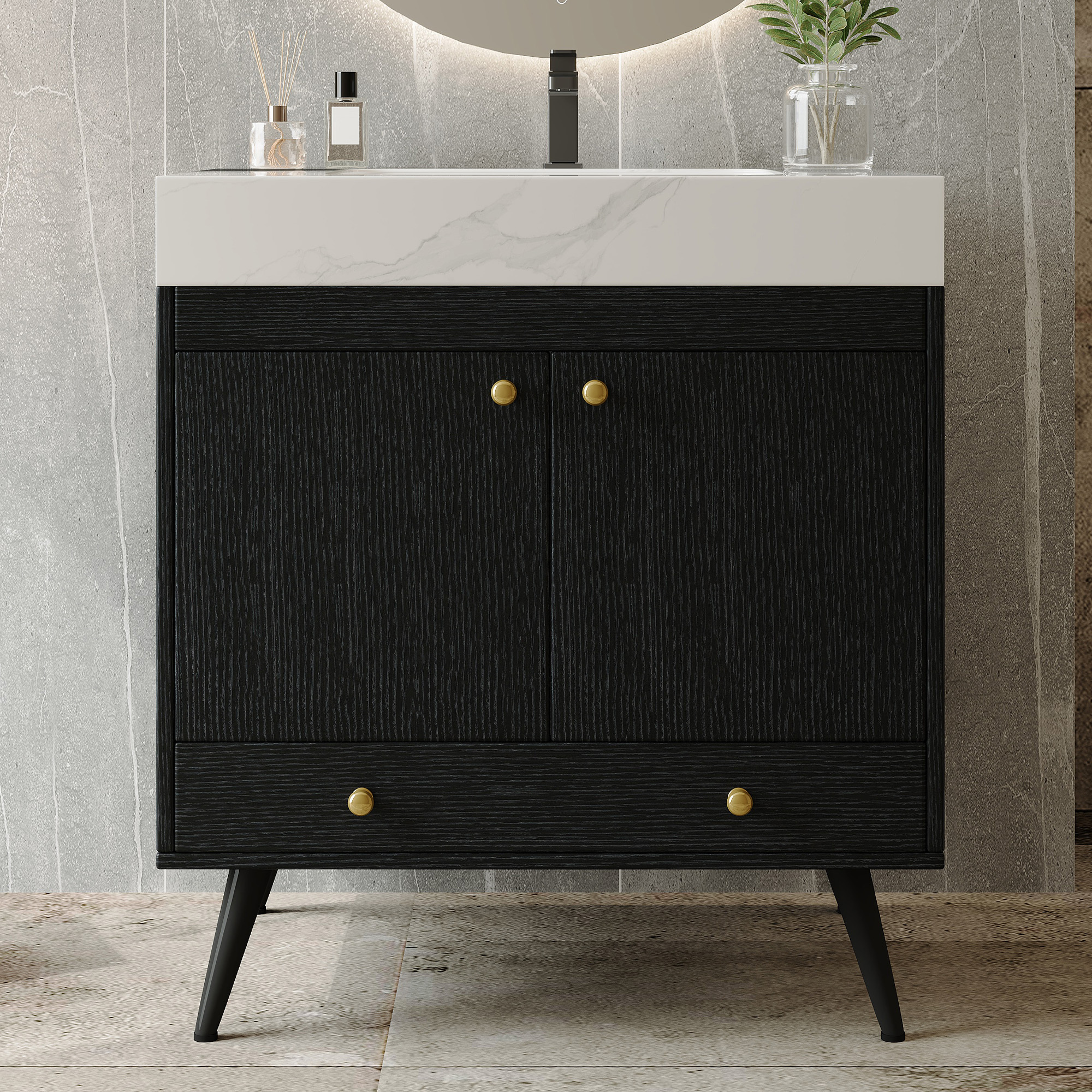 Contemporary 30" Free-Standing Bathroom Vanity with Sintered Stone Top & Gold Accents