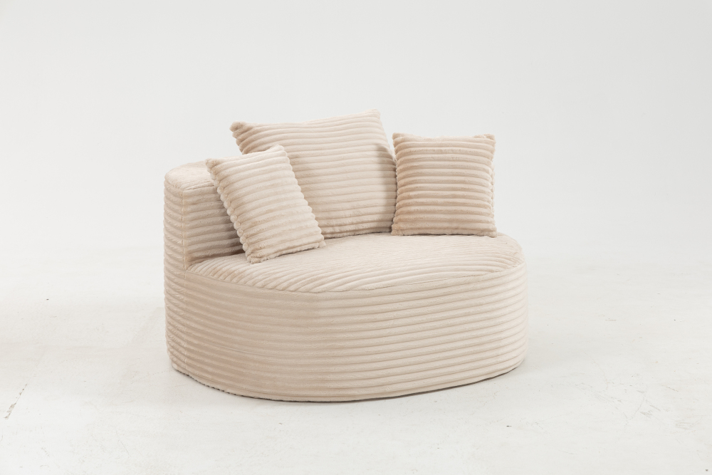 Modern Ribbed Corduroy Lounge Chair - Beige Compressed Round Sofa with Lumbar Pillows for Living Room & Bedroom