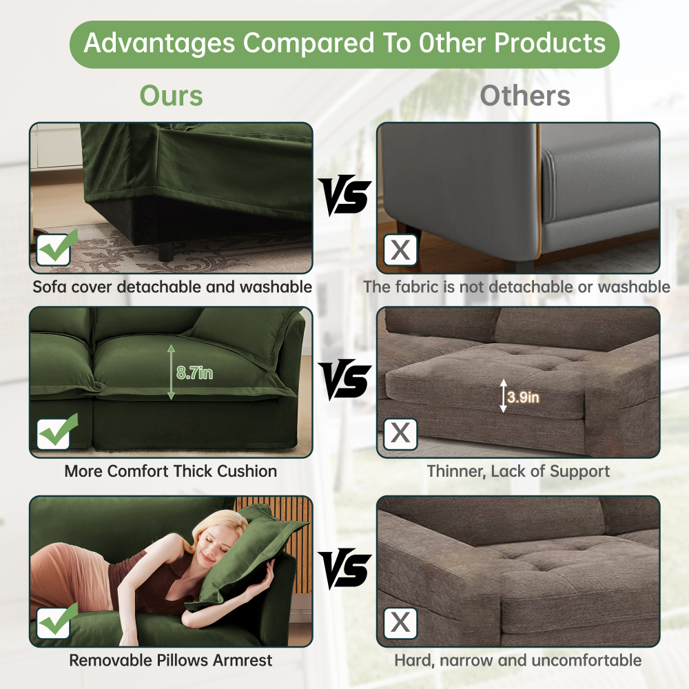 Oversized Modular Chenille Sofa with 3 Ottomans - Deep Seat Green Slipcovered Sectional Couch