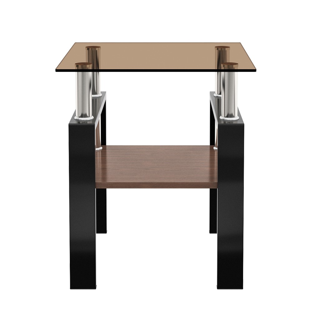 Set of 2 Modern Tempered Glass End Tables - Square Side Tables with MDF Shelf & Metal Legs for Living Room