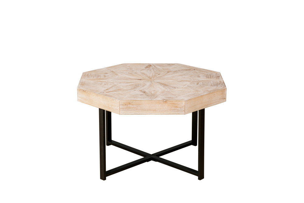 Vintage Octagonal Coffee Table with Patchwork Wood Top & Cross Metal Legs - Rustic Farmhouse Accent Table for Living Room