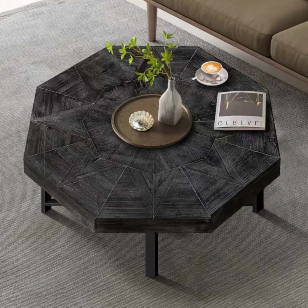Vintage Octagonal Coffee Table with Patchwork Wood Top & Cross Metal Legs - 30" Antique Black Farmhouse Centerpiece for Living Room