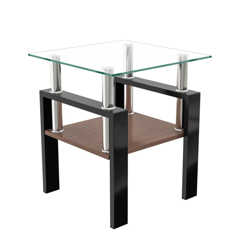 Set of 2 Modern Tempered Glass End Tables with Storage Shelf - Square Coffee Side Tables for Living Room