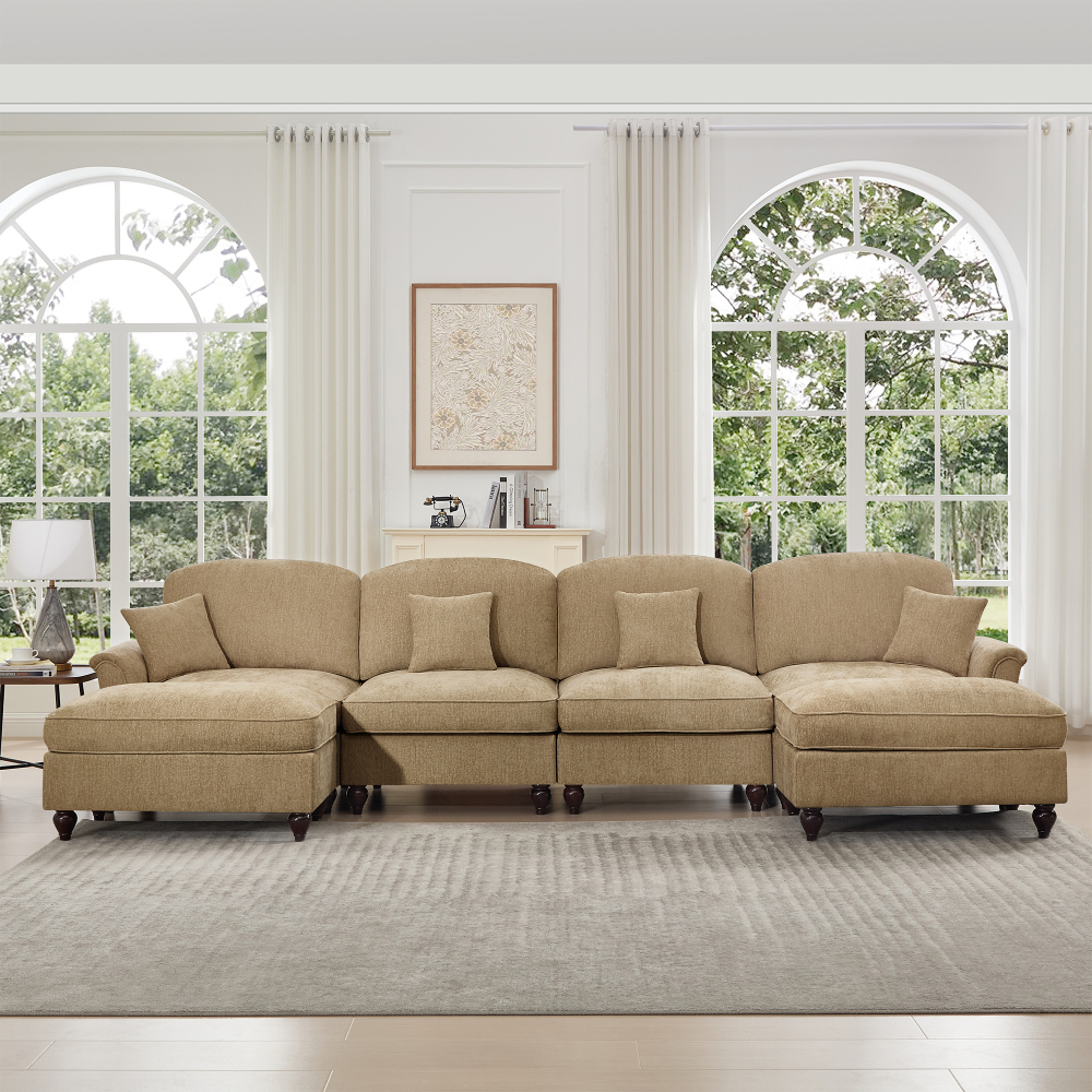 Classic U-Shaped Modular Sectional Sofa with Removable Ruffle Skirt, Deep Seat Chenille Couch with Flared Arms and Spindle Legs, Light Coffee
