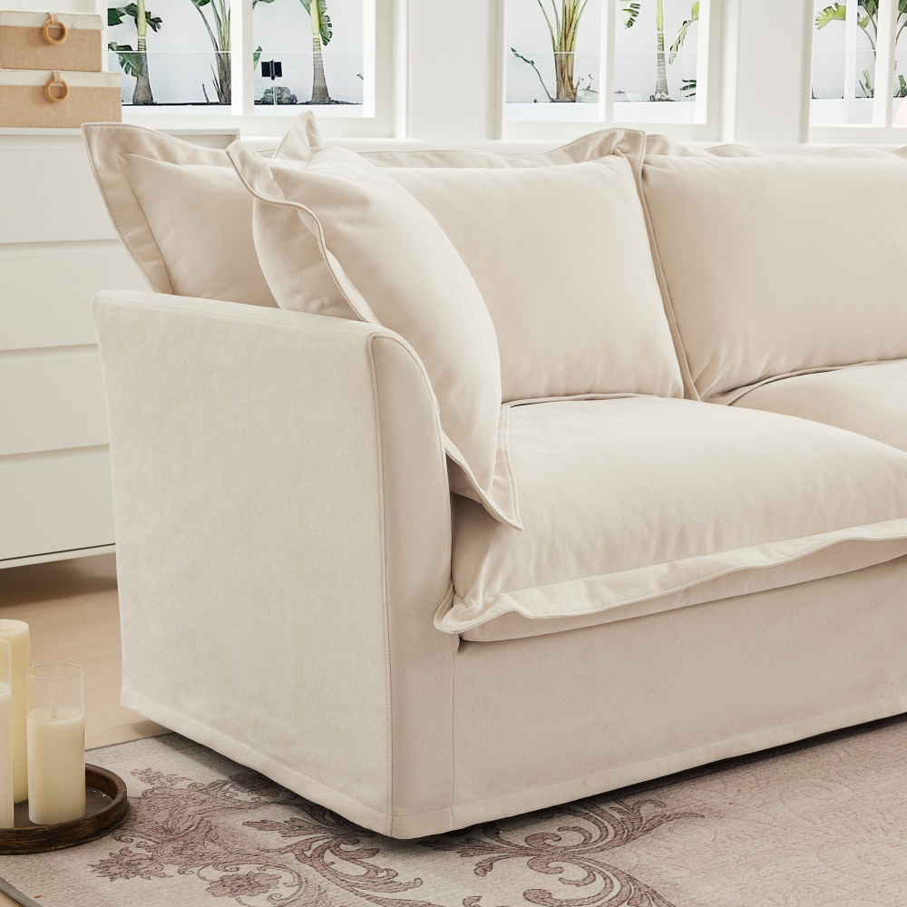 Koala Cream Chenille Armless Sofa - Modern Deep Seat Loveseat with Removable Covers & High Back Pillows