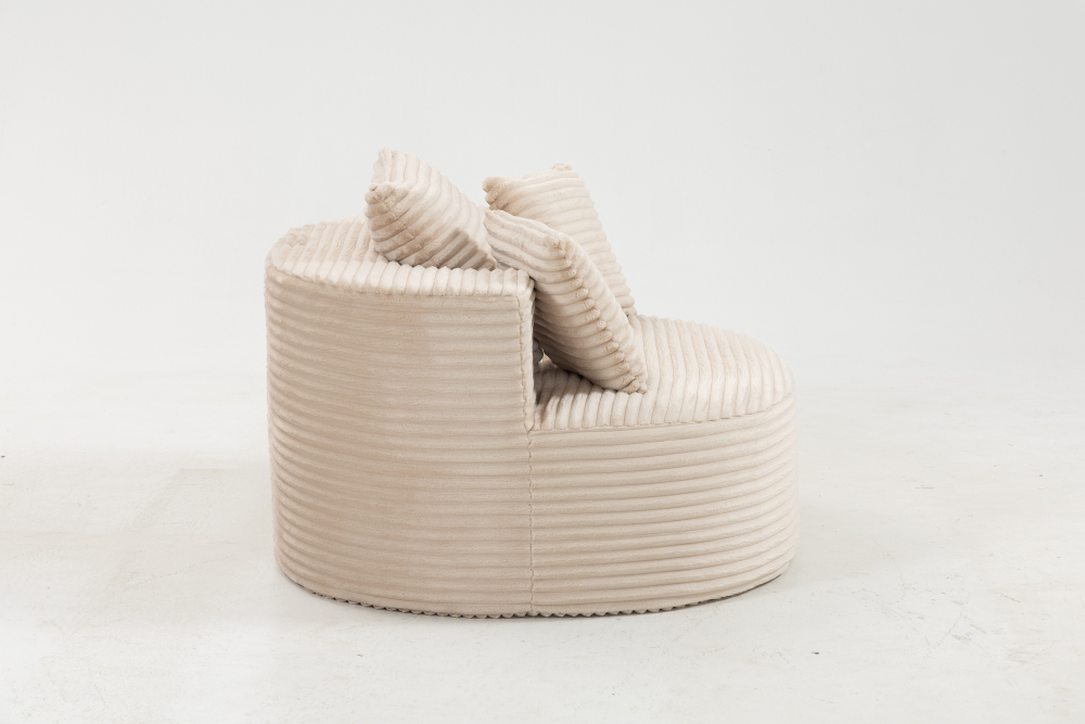 Modern Ribbed Corduroy Lounge Chair - Beige Compressed Round Sofa with Lumbar Pillows for Living Room & Bedroom