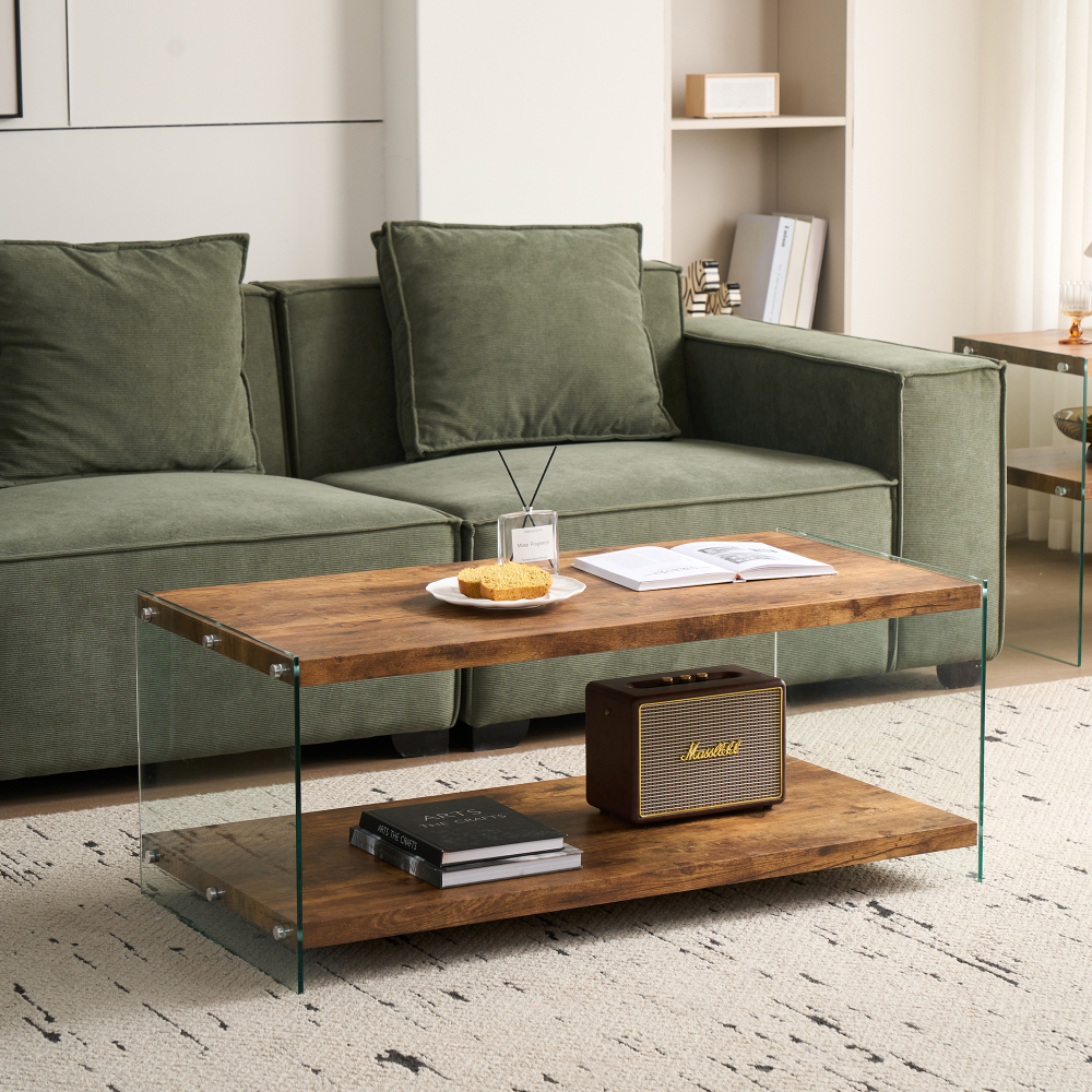 Modern Two-Tier Coffee Table with Tempered Glass Legs and Walnut Wood Top, Stylish Living Room Center Table