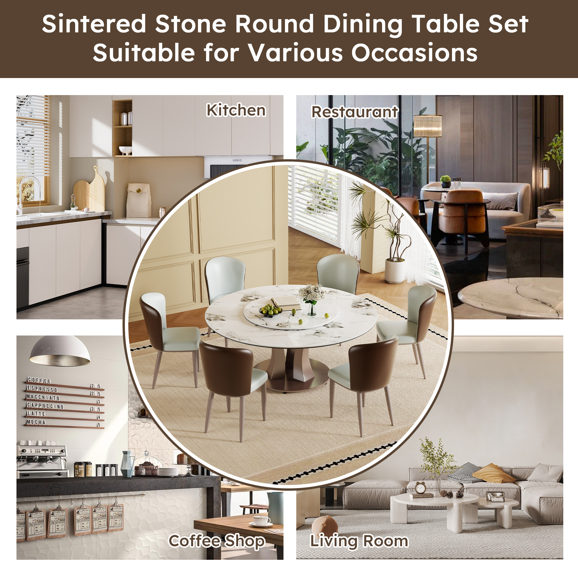59" Round Sintered Stone Dining Table Set with Rotating Lazy Susan & Heat-Resistant Marble Top - Luxury Modern Kitchen Furniture for 4