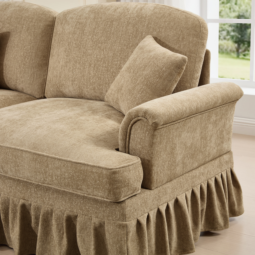 Classic 2-Piece Sofa Set with Removable Ruffle Skirts, Flared Arms & Spindle Legs - 3-Seater Couch and Loveseat for Living Room, Light Coffee Chenille