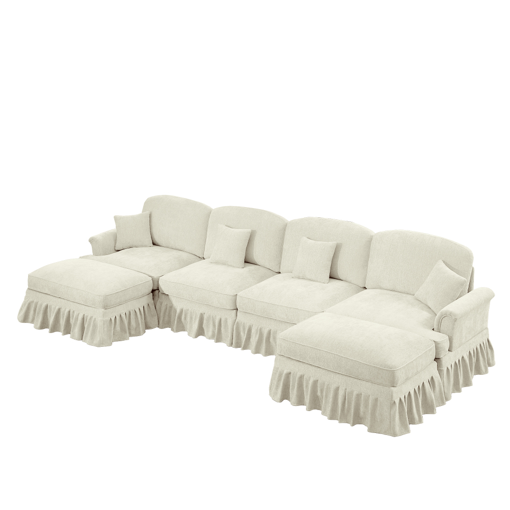 Classic U-Shaped Modular Sectional Sofa with Removable Ruffle Skirt, Deep Seat Chenille Cloud Couch & Movable Ottomans