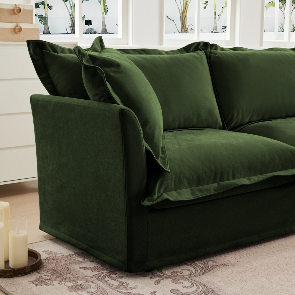 Oversized Modular Chenille Sofa with 3 Ottomans - Deep Seat Green Slipcovered Sectional Couch