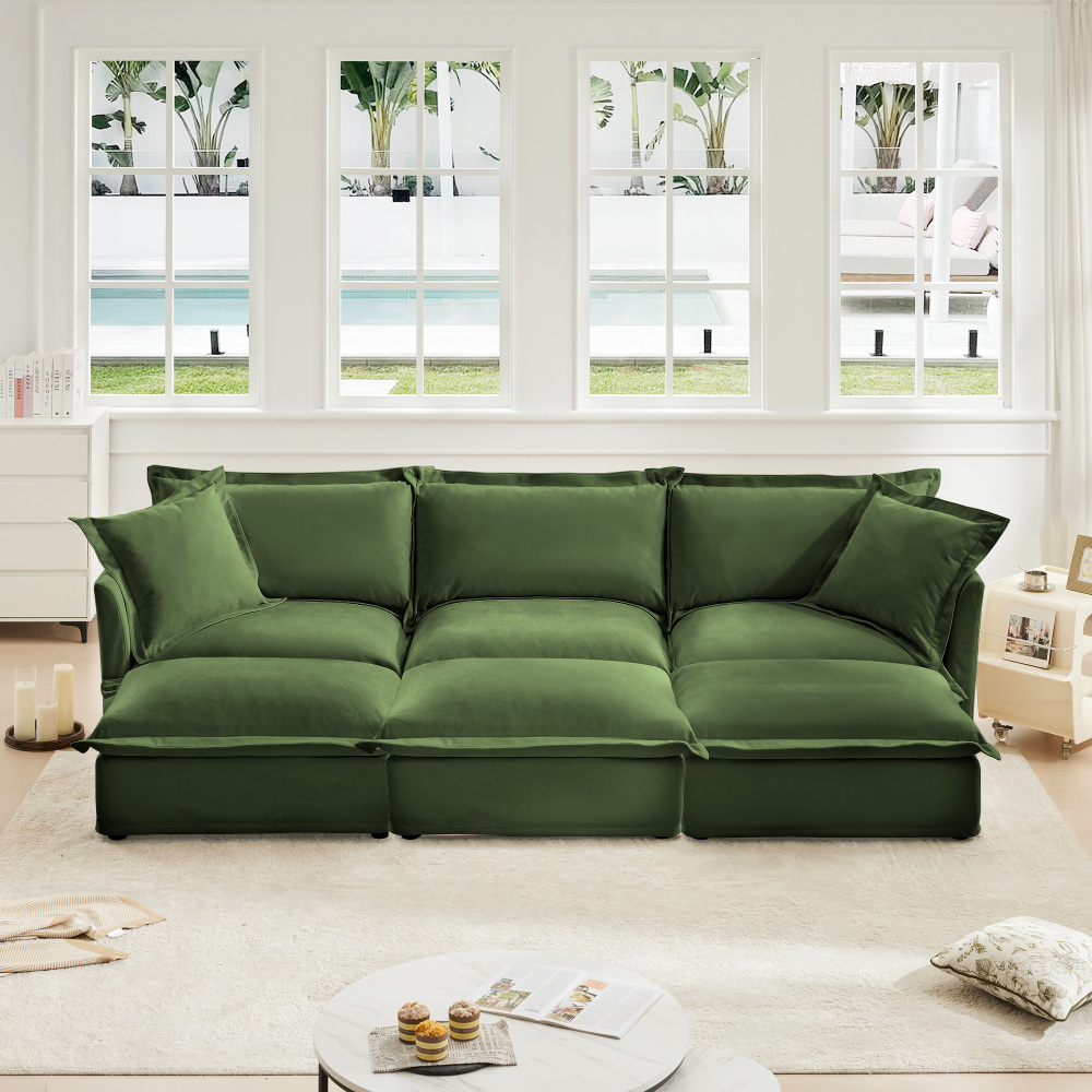 Oversized Modular Chenille Sofa with 3 Ottomans - Deep Seat Green Slipcovered Sectional Couch