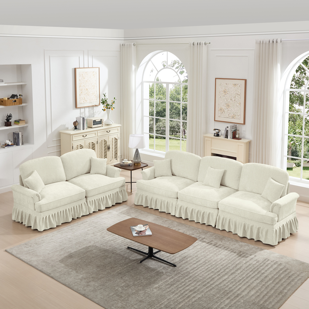 Classic Chenille Modular Sofa Set with Removable Ruffle Skirts, Beige & White 2-Piece Living Room Couch Collection featuring Flared Arms and Spindle Legs