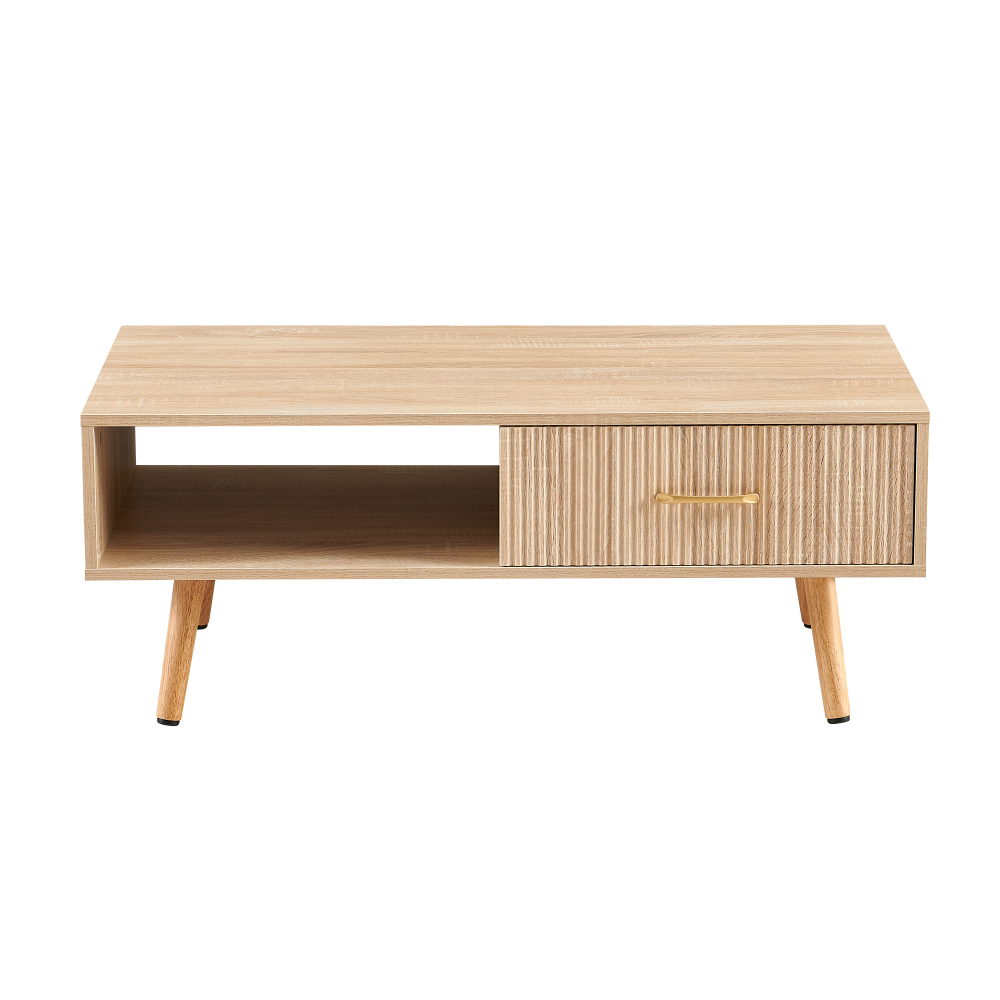 Modern Natural Wood Coffee Table with Sliding Storage Drawer & Solid Wood Legs for Living Room