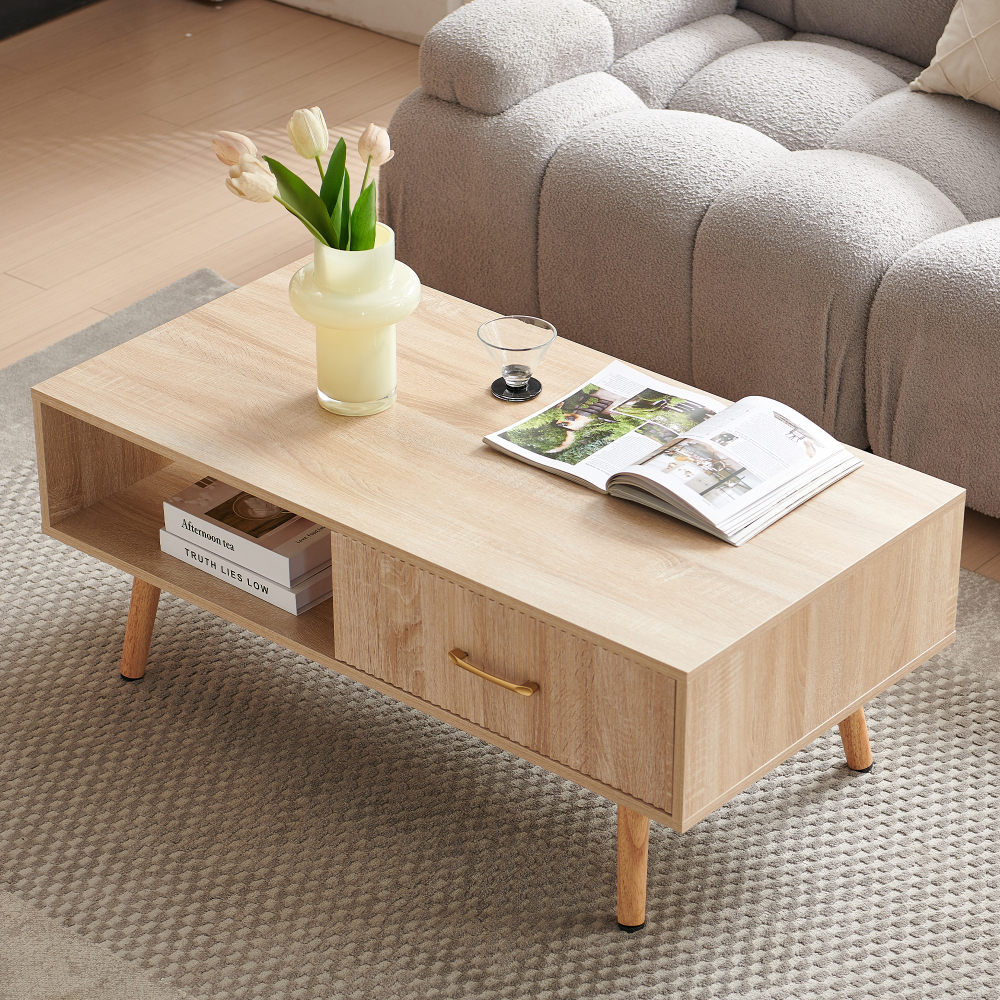 Modern Natural Wood Coffee Table with Sliding Storage Drawer & Solid Wood Legs for Living Room