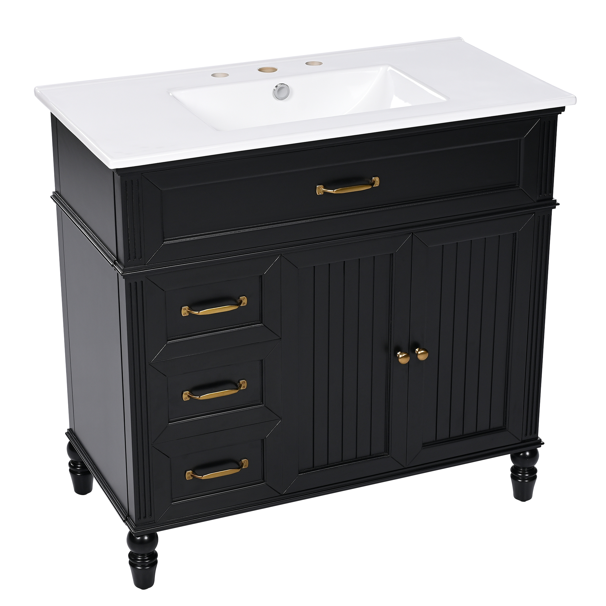 36" Black Bathroom Vanity with Ceramic Sink Top, Vintage Freestanding Cabinet with Soft-Close Drawers & Storage
