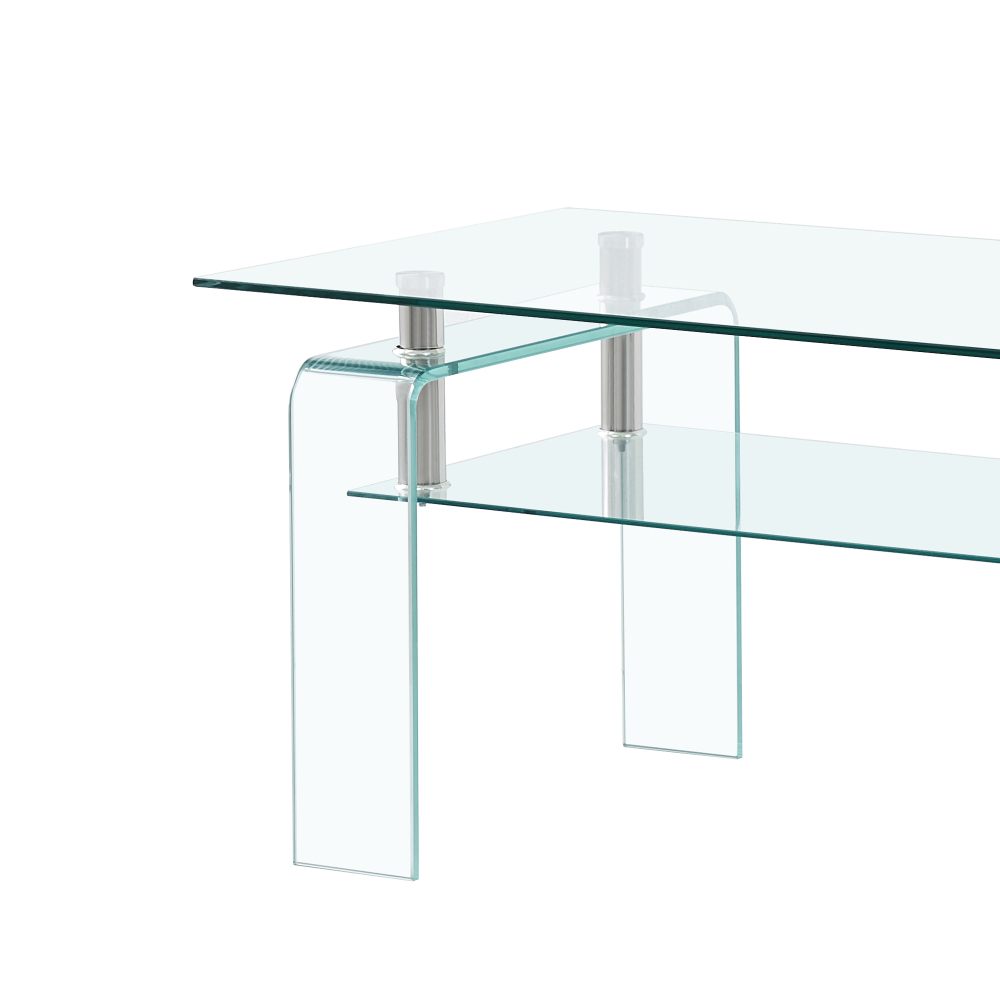 Modern Rectangle Clear Glass Coffee Table with 2-Tier Storage & Tempered Glass Top