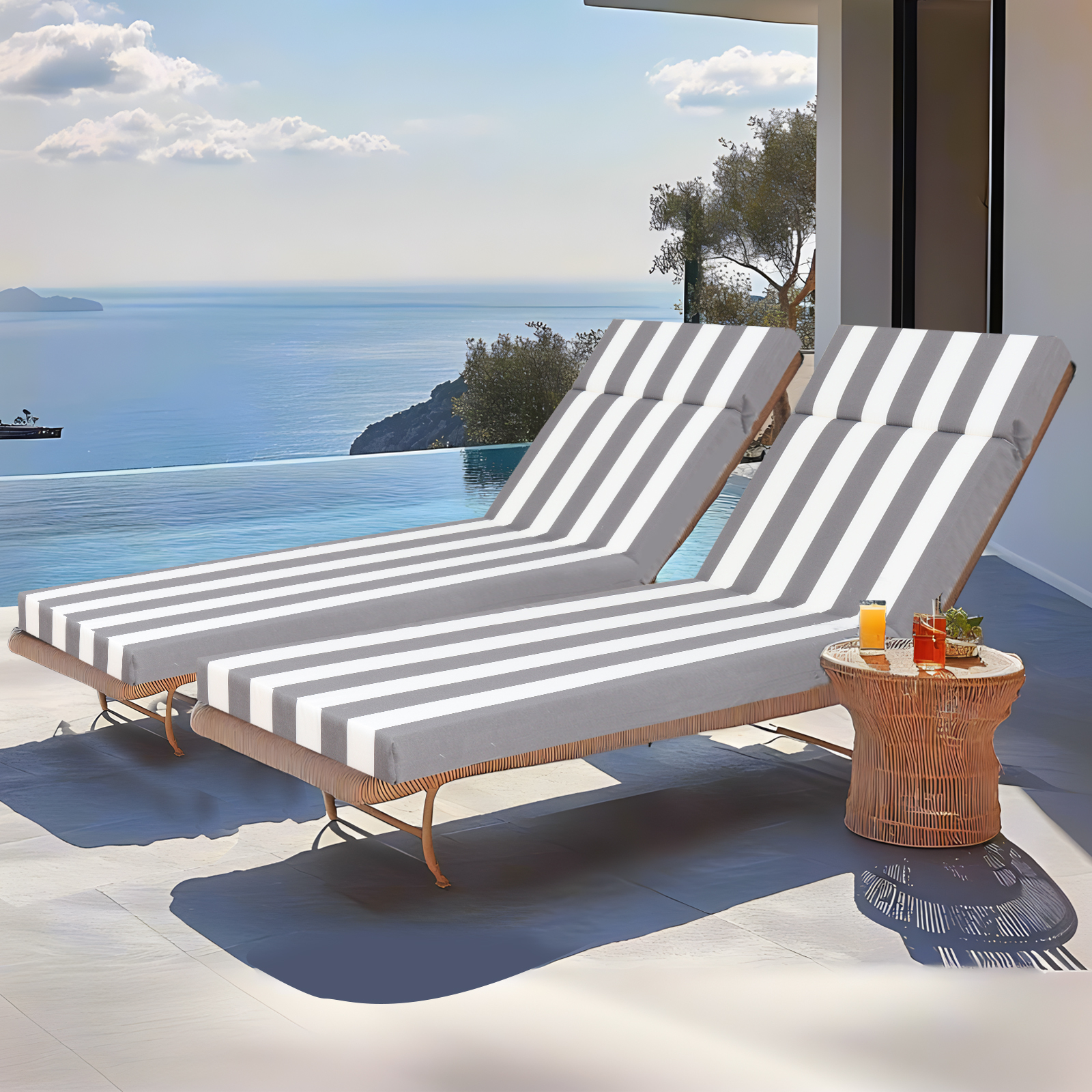 Set of 2 Premium Outdoor Chaise Lounge Cushions - Weather Resistant Patio Pool Furniture Pads with Ties, Gray/White Stripe