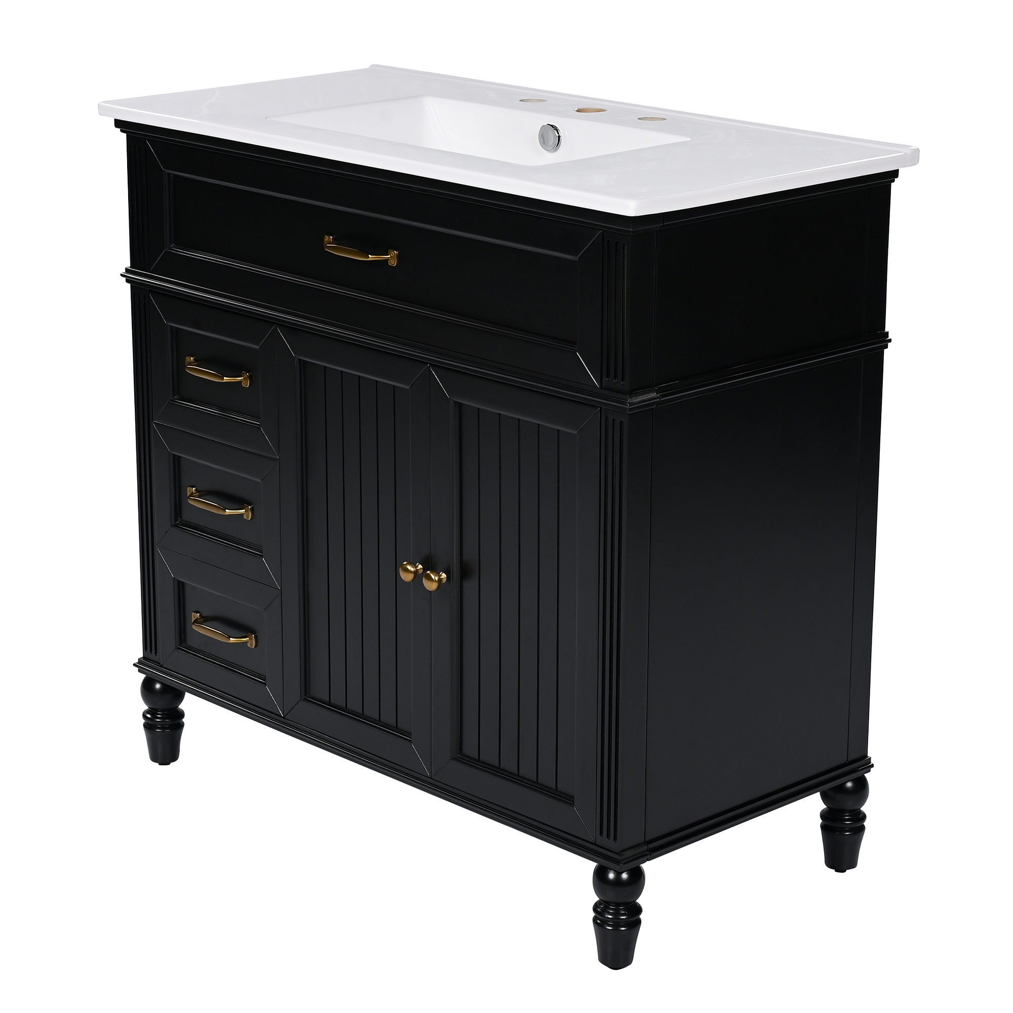 36" Black Bathroom Vanity with Ceramic Sink Top, Vintage Freestanding Cabinet with Soft-Close Drawers & Storage