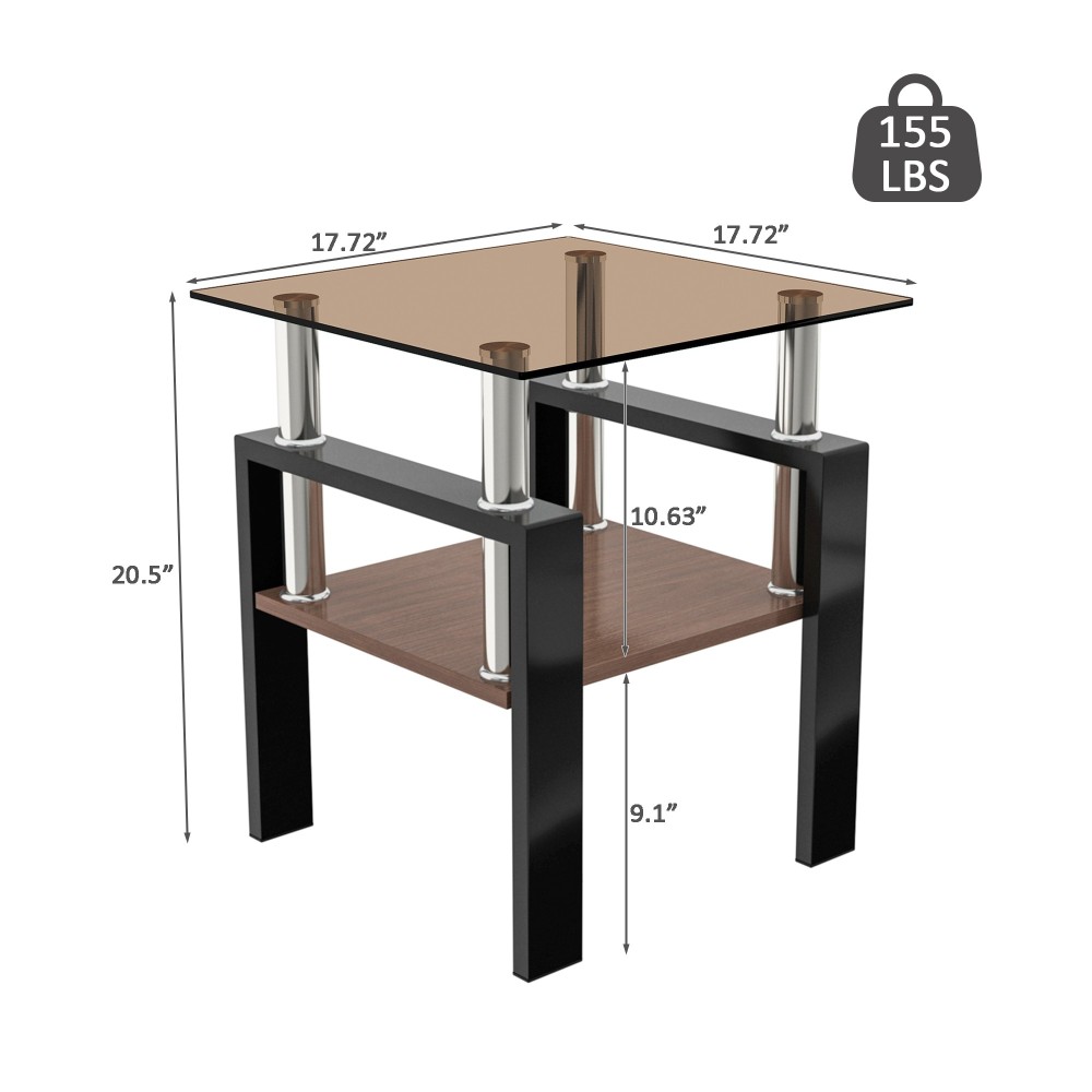 Set of 2 Modern Tempered Glass End Tables - Square Side Tables with MDF Shelf & Metal Legs for Living Room