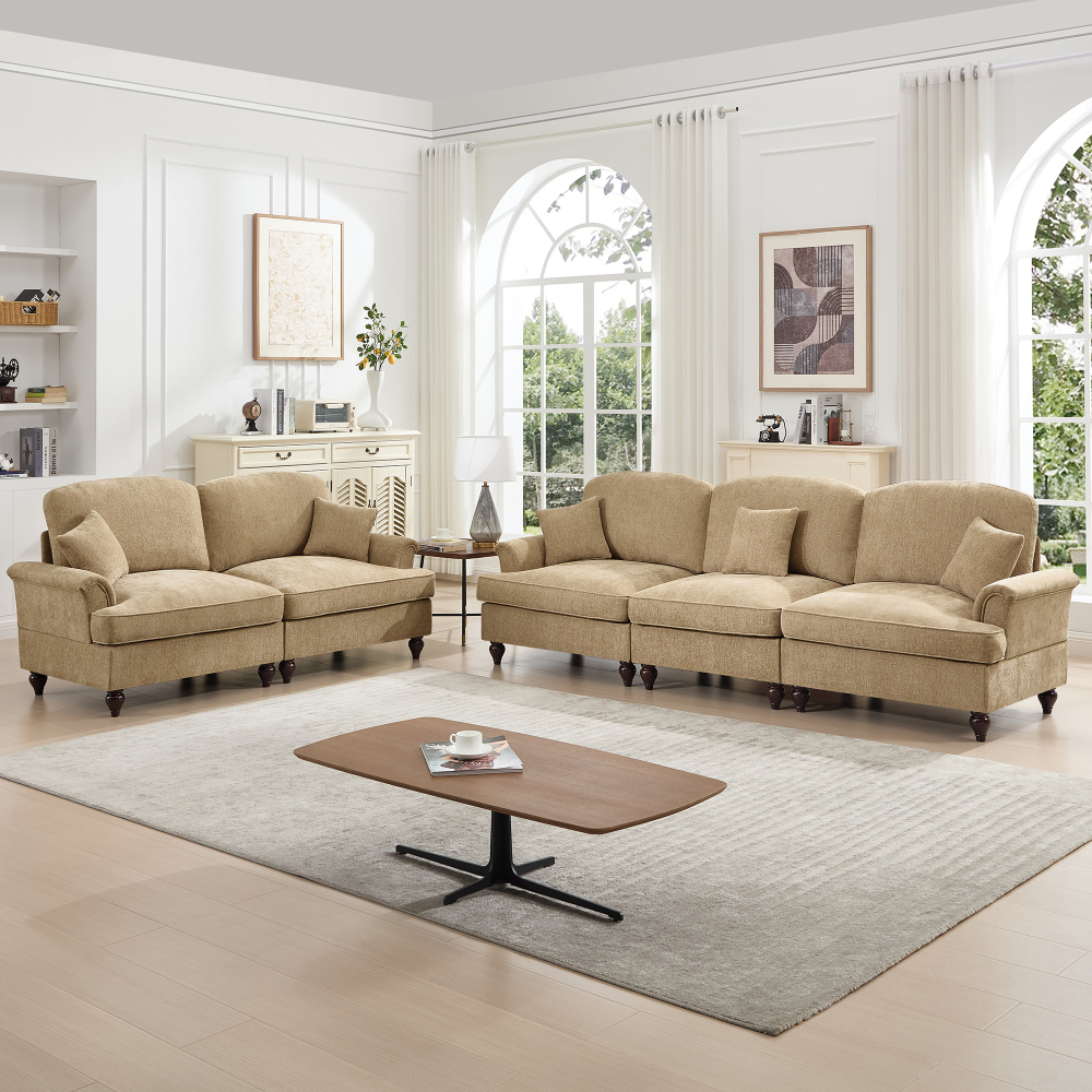 Classic 2-Piece Sofa Set with Removable Ruffle Skirts, Flared Arms & Spindle Legs - 3-Seater Couch and Loveseat for Living Room, Light Coffee Chenille