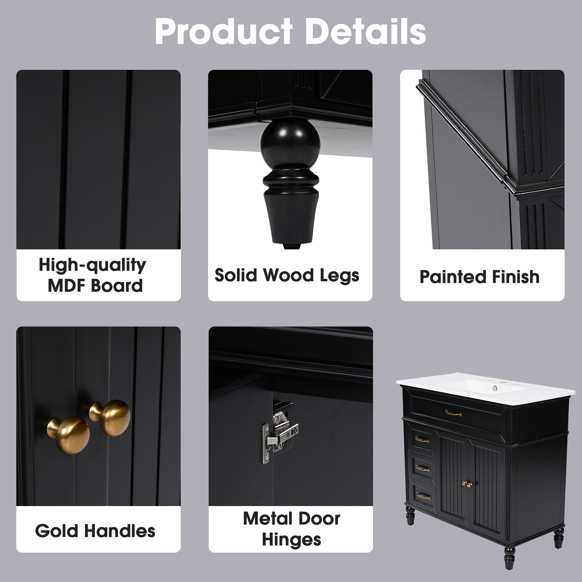 36" Black Bathroom Vanity with Ceramic Sink Top, Vintage Freestanding Cabinet with Soft-Close Drawers & Storage
