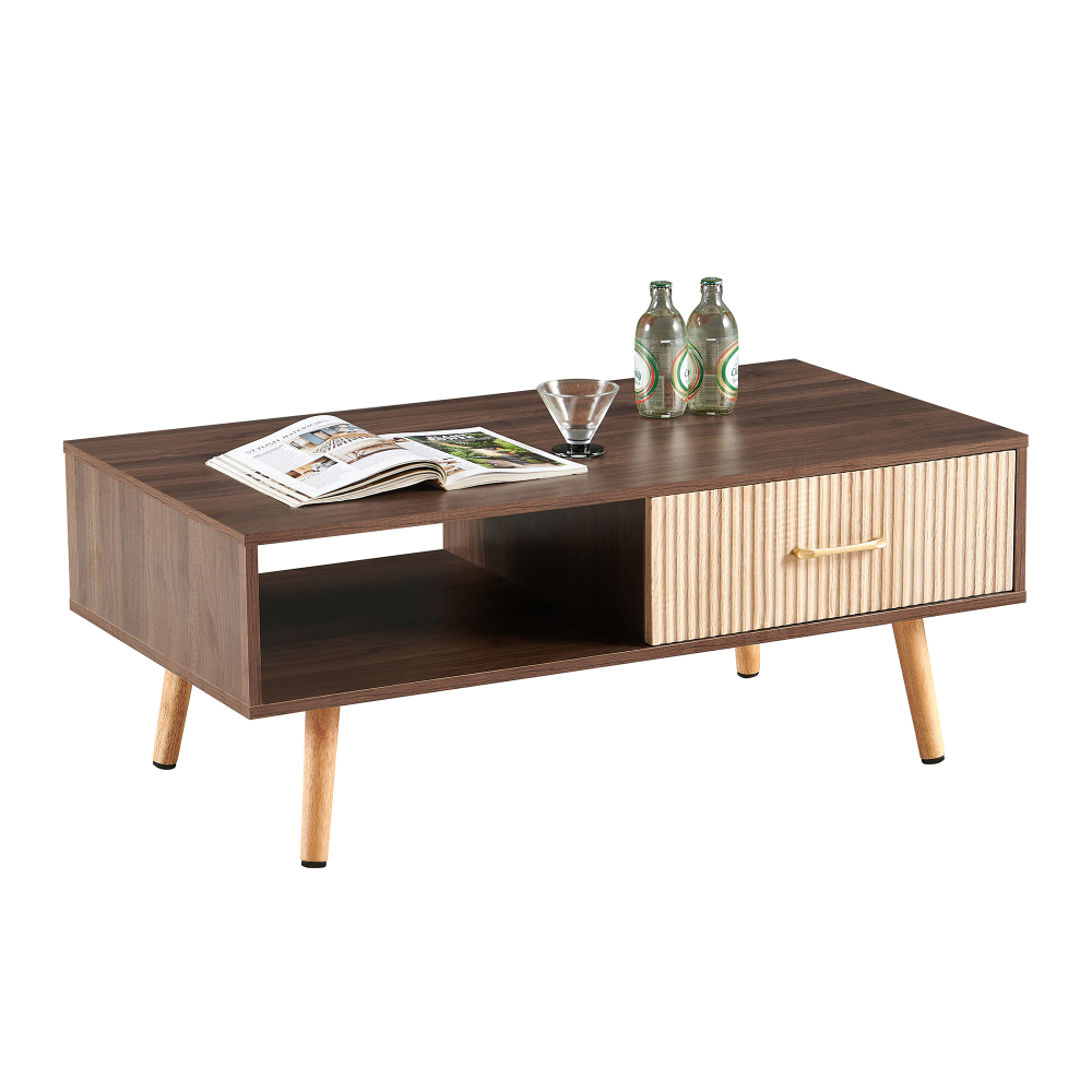 Mid-Century Modern Coffee Table with Sliding Storage Drawer, Walnut Finish Rectangular Living Room Accent Table with Solid Wood Legs