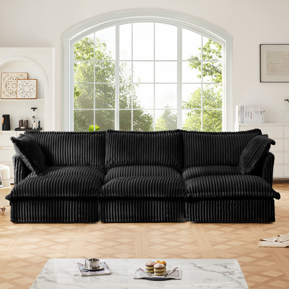 Oversized Modular Corduroy Sofa Set with 3 Ottomans - Black Convertible Sleeper Couch & Sectional