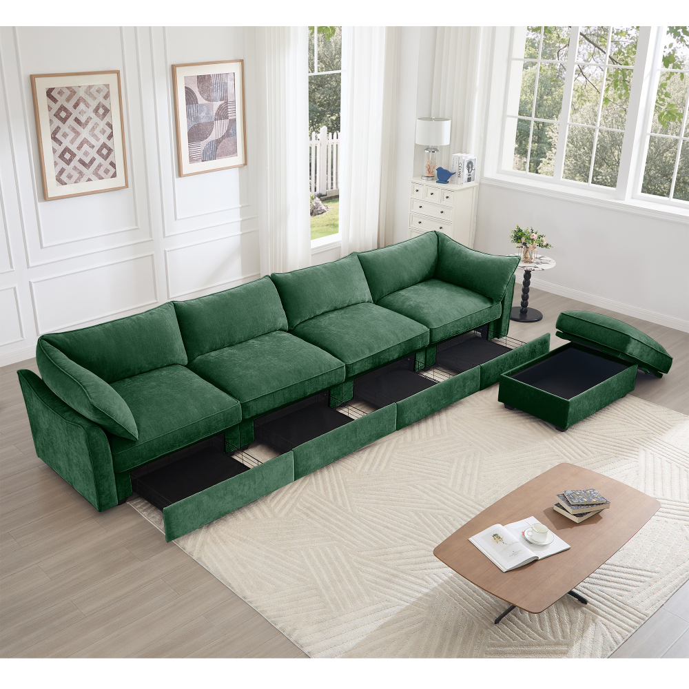 Green Chenille L-Shaped Sectional Sofa, 4-Seat Modular Couch with Movable Ottoman, Crescent Armrests & Wraparound Back Cushions for Living Room