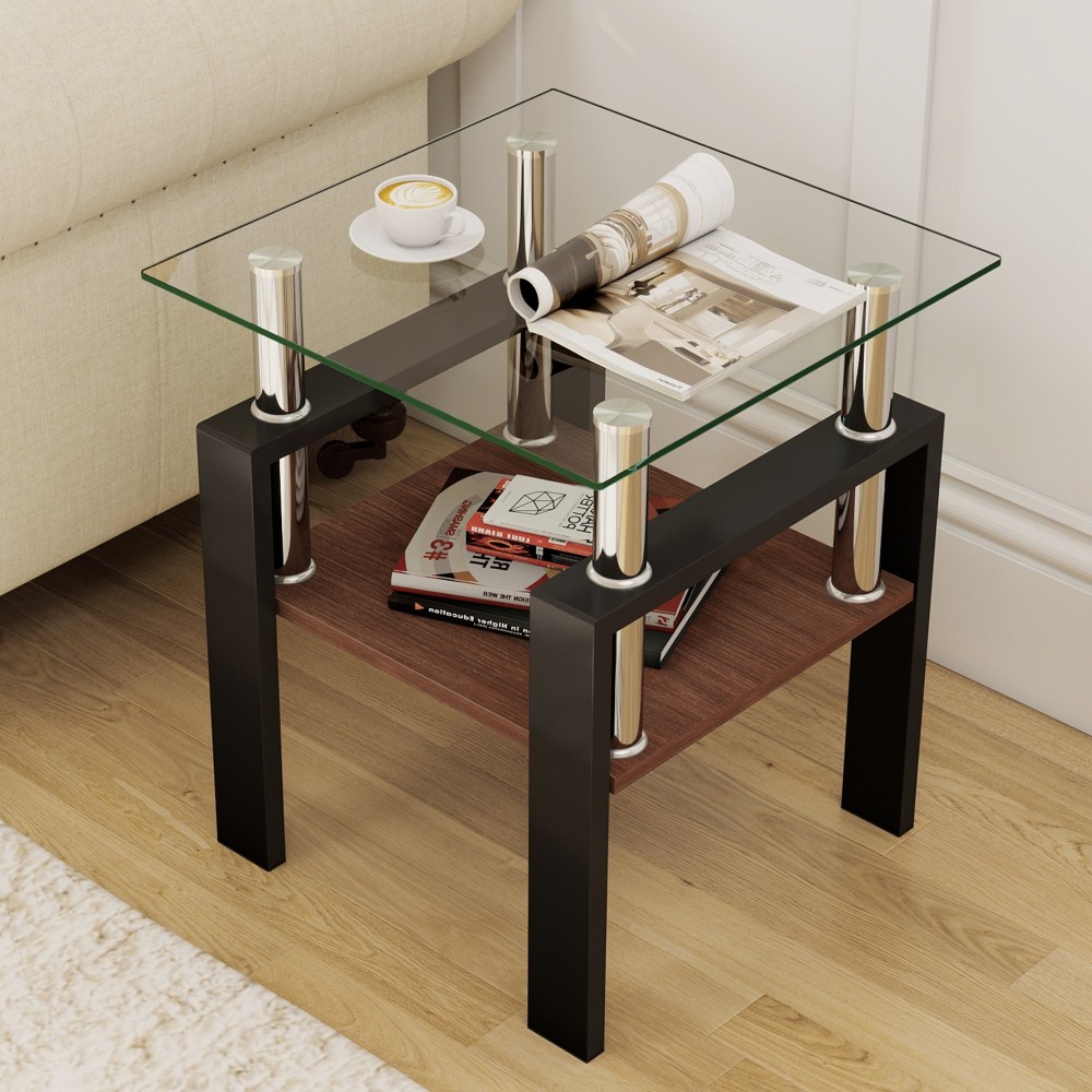 Set of 2 Modern Tempered Glass End Tables with Storage Shelf - Square Coffee Side Tables for Living Room