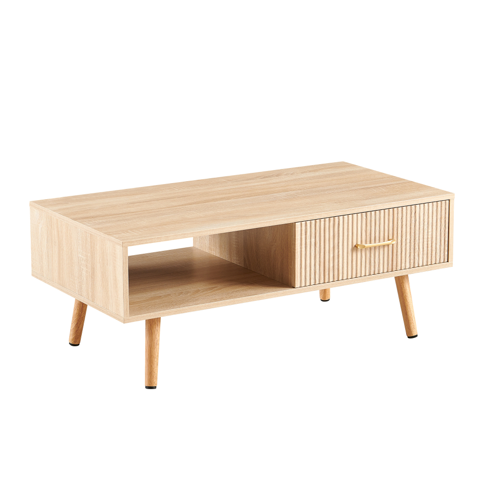 Modern Natural Wood Coffee Table with Sliding Storage Drawer & Solid Wood Legs for Living Room