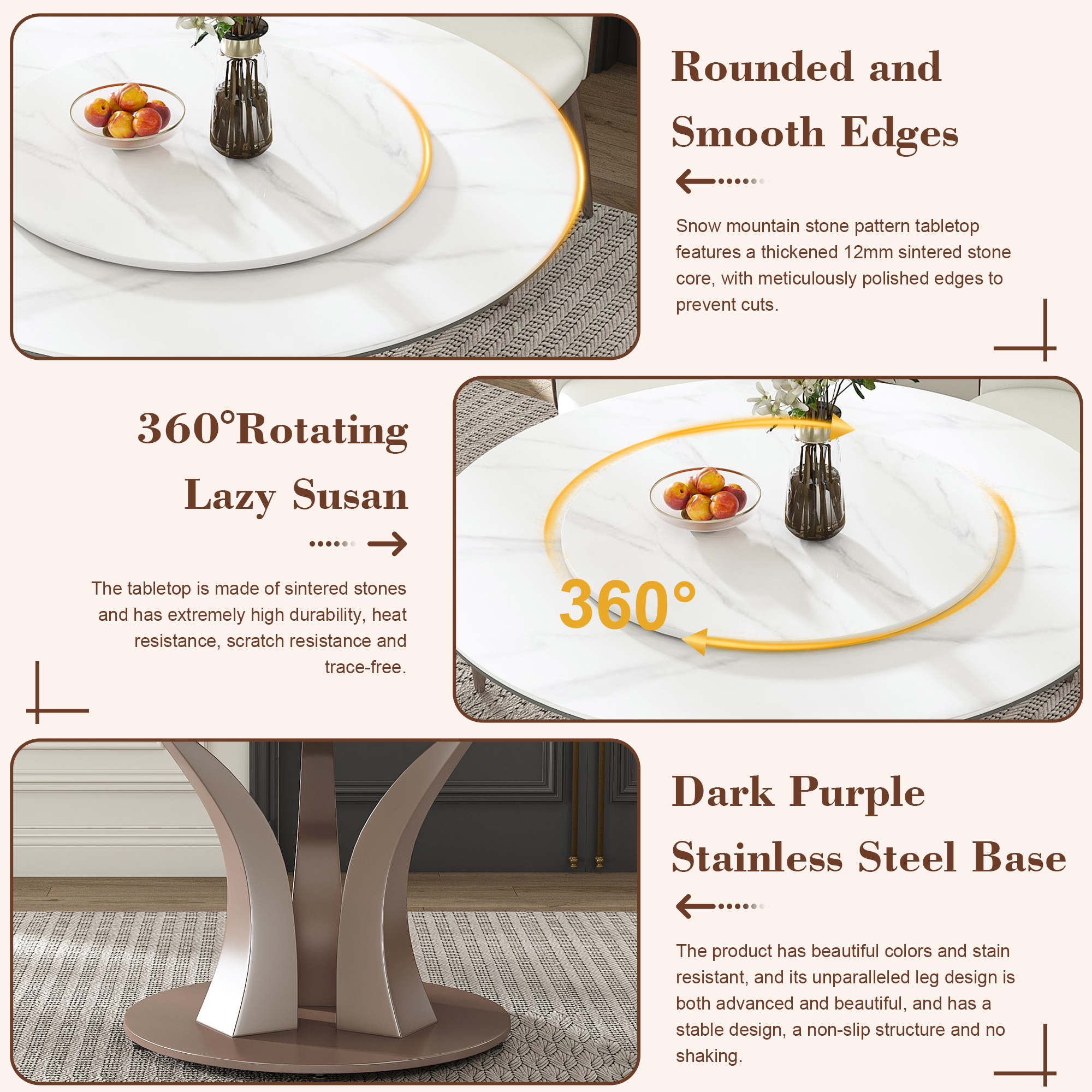 53" Round Sintered Stone Dining Table Set with Rotating Lazy Susan & 8 Modern Chairs - Luxury White Marble Kitchen Furniture