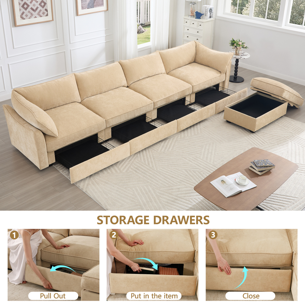 L-Shaped Modular Sofa with Hidden Storage Drawers, Chenille Fabric Sectional Couch for Living Room