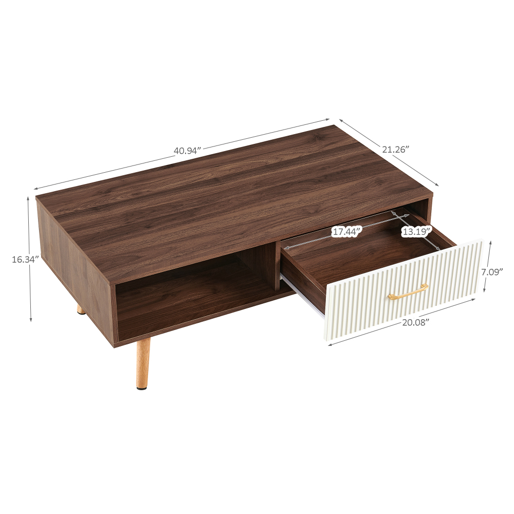 Mid-Century Modern Coffee Table with Sliding Drawer & Open Shelf Storage, Walnut Finish Rectangle Living Room Center Table with Solid Wood Legs