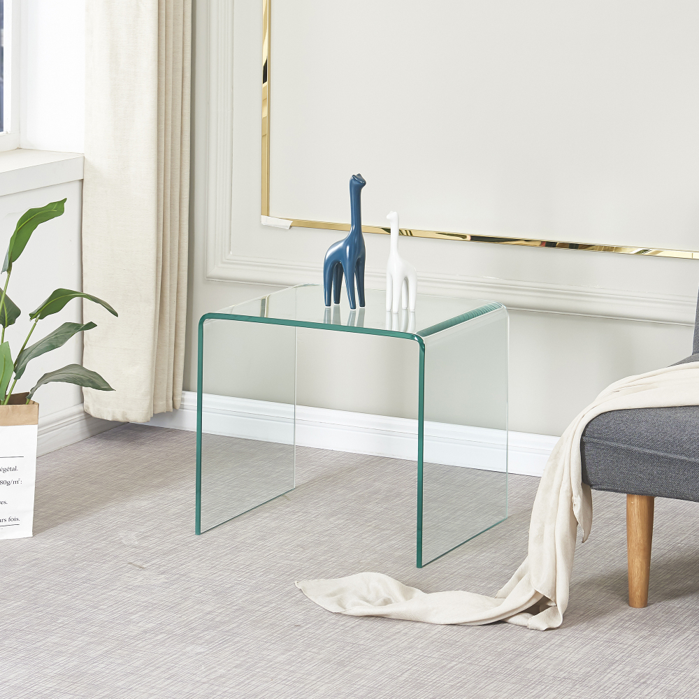 Tempered Clear Bent Glass Side Table - Modern Transparent End Table for Living Room, Sofa, or Office