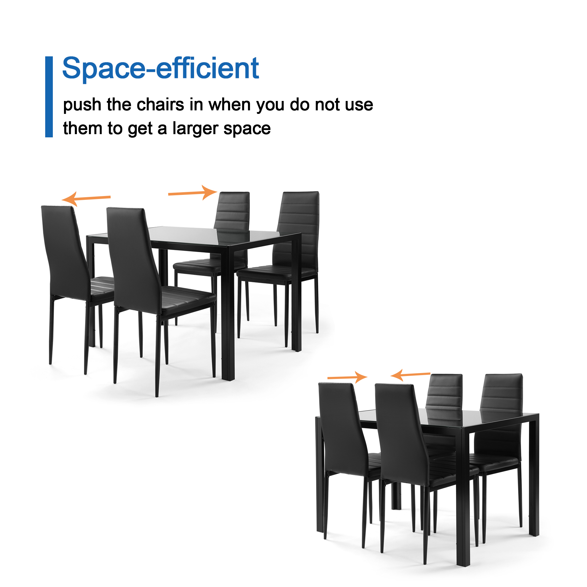 Modern 5-Piece Dining Table Set with Tempered Glass Top and 4 Black Faux Leather Chairs for Kitchen