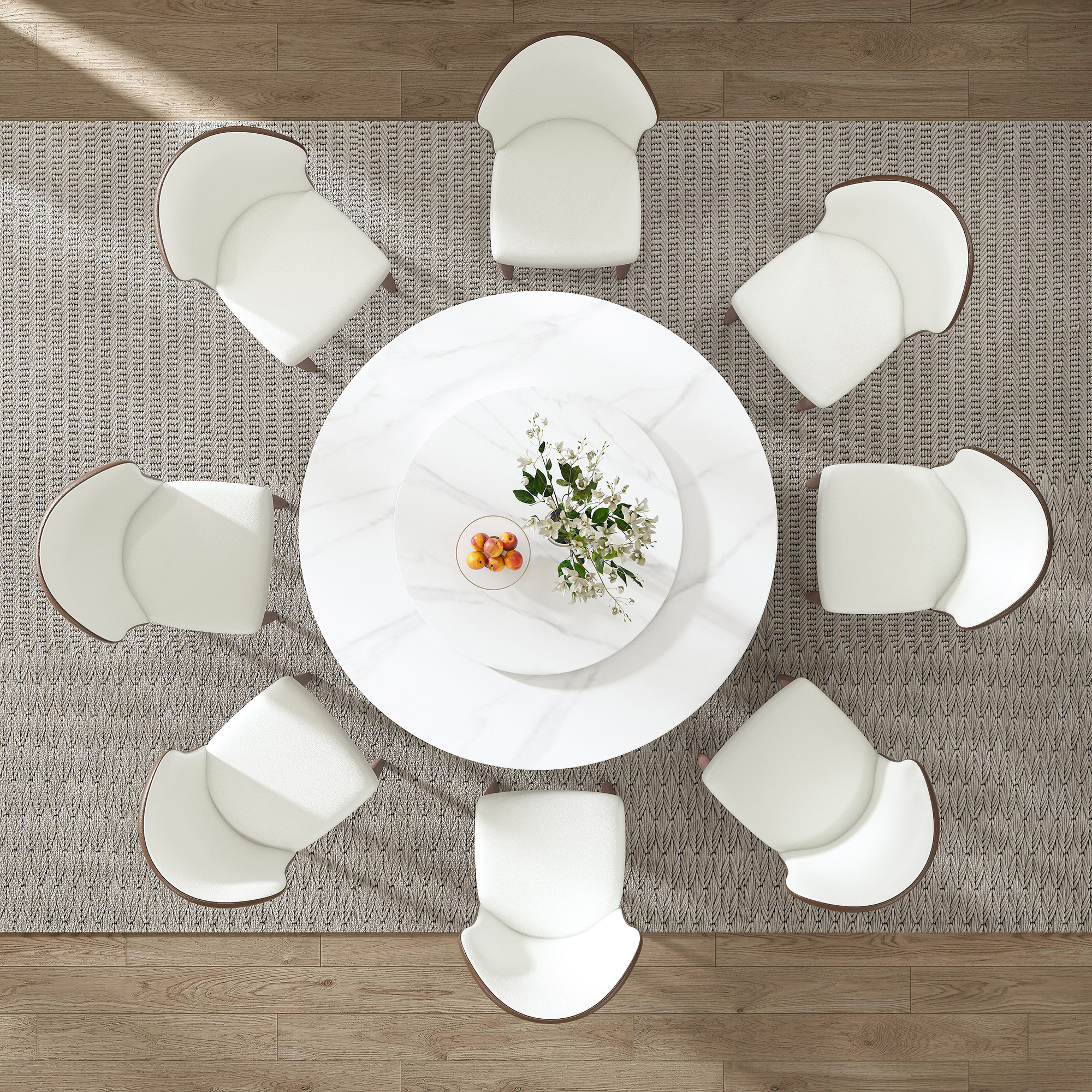 53" Round Sintered Stone Dining Table Set with Rotating Lazy Susan & 8 Modern Chairs - Luxury White Marble Kitchen Furniture