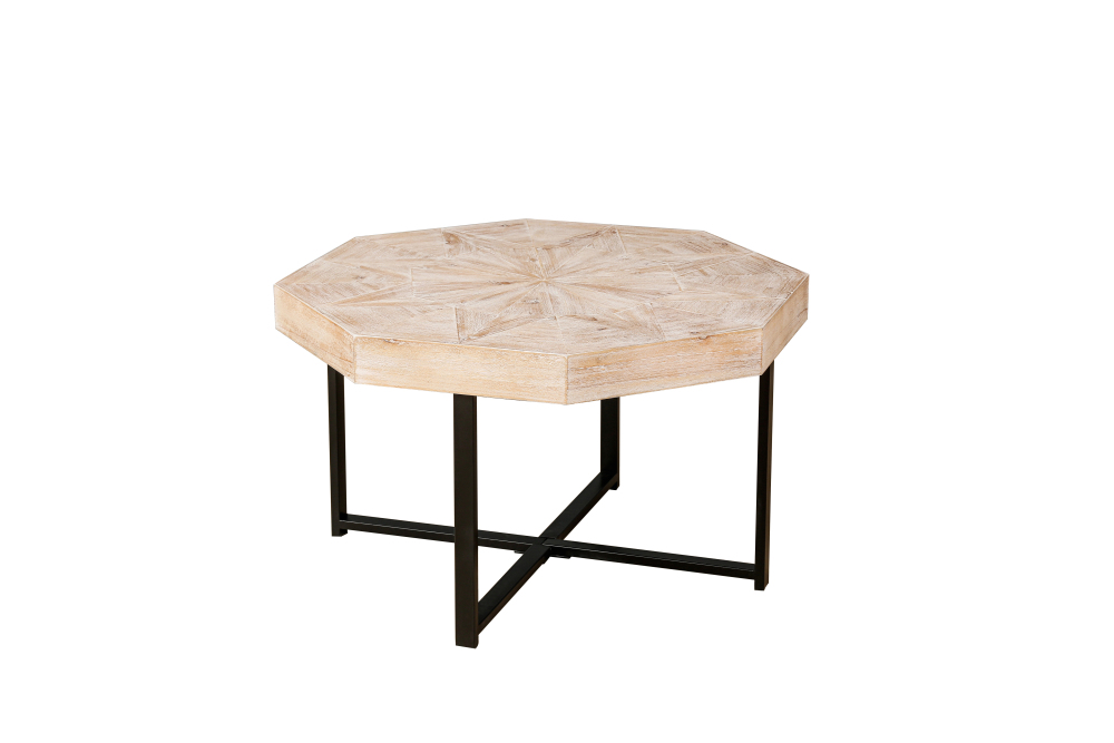 Vintage Octagonal Coffee Table with Patchwork Wood Top & Cross Metal Legs - Rustic Farmhouse Accent Table for Living Room