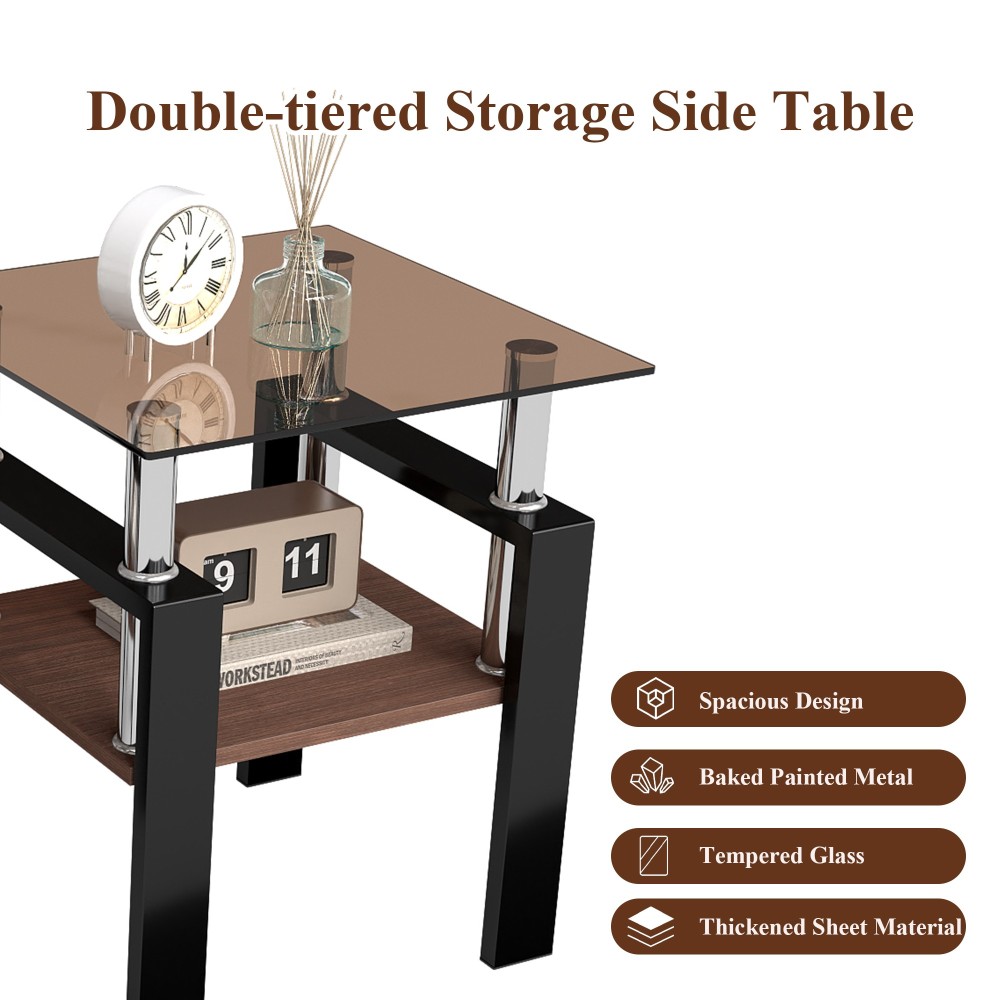 Set of 2 Modern Tempered Glass End Tables - Square Side Tables with MDF Shelf & Metal Legs for Living Room