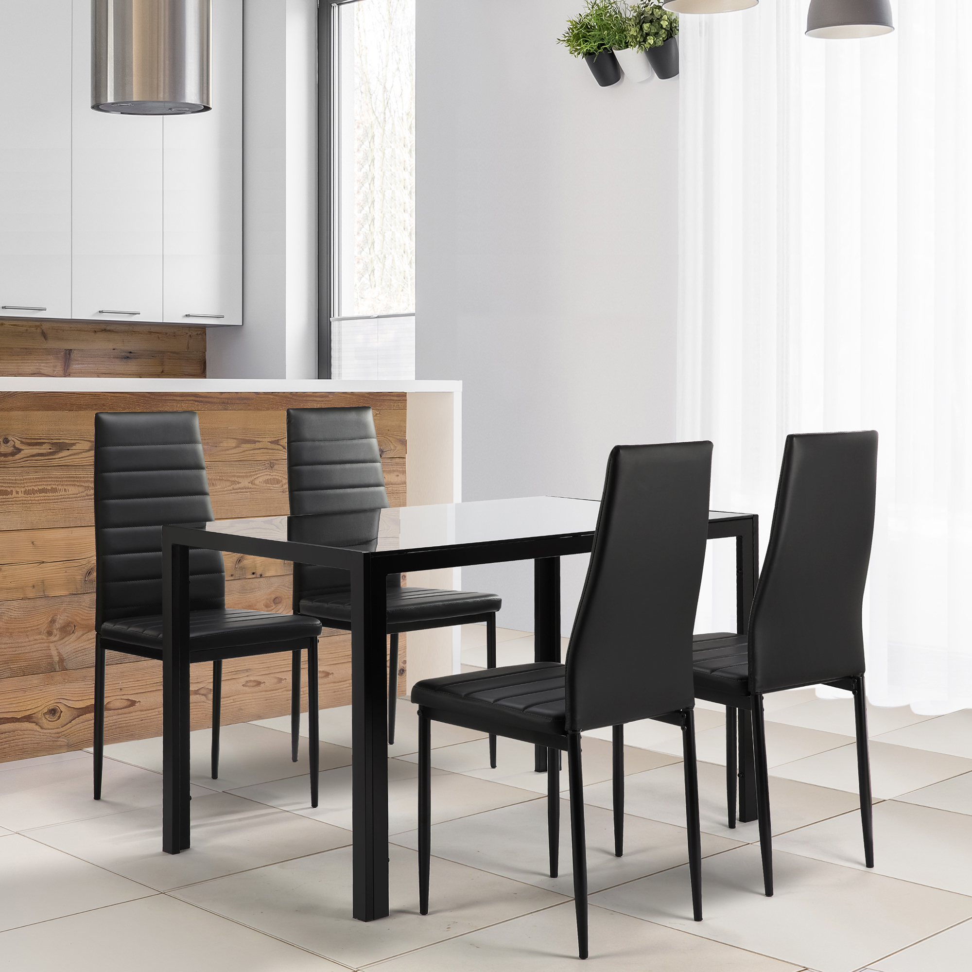 Modern 5-Piece Dining Table Set with Tempered Glass Top and 4 Black Faux Leather Chairs for Kitchen
