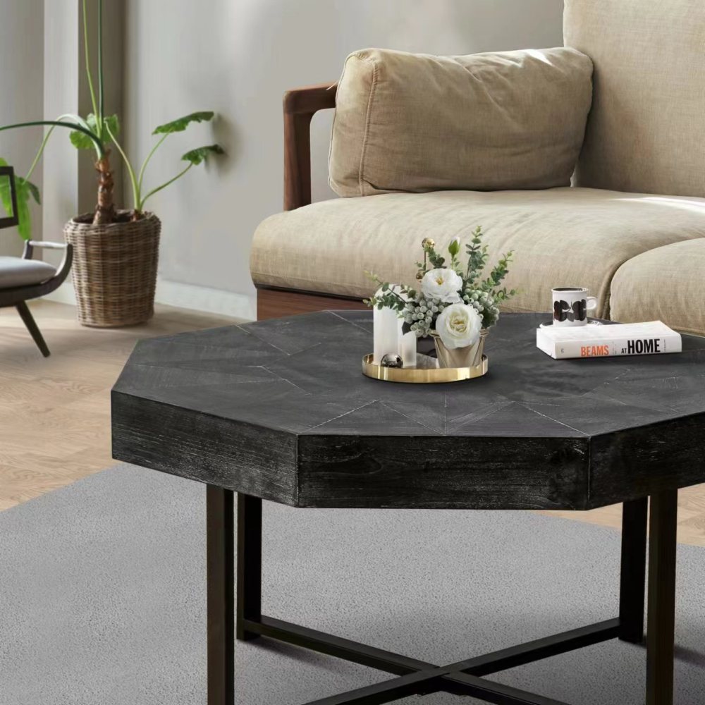 Vintage Octagonal Coffee Table with Patchwork Wood Top & Cross Metal Legs - 30" Antique Black Farmhouse Centerpiece for Living Room
