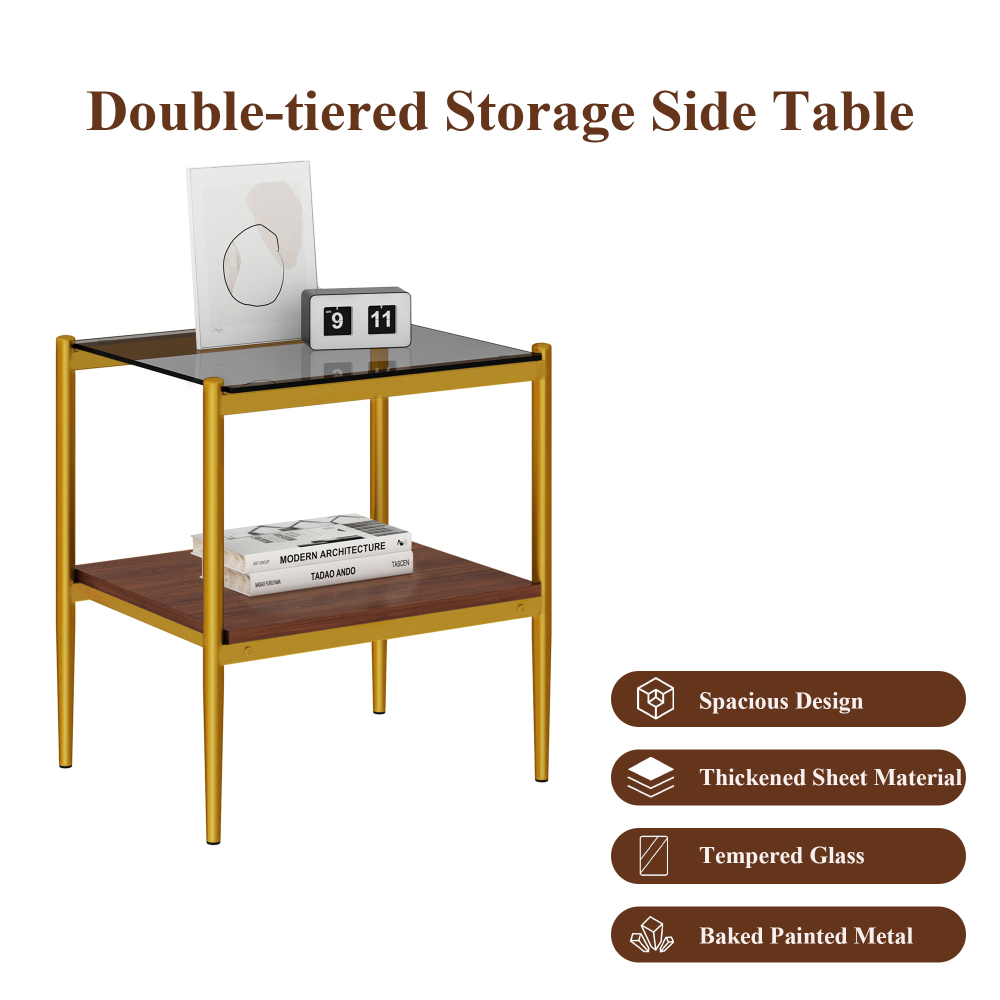Set of 2 Modern Gold End Tables with Tempered Glass Top and Storage Shelf, Rectangle Side Tables for Living Room