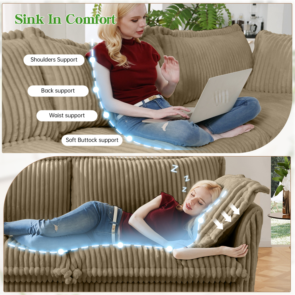 Camel Corduroy Modular Sofa with 3 Ottomans | Oversized Deep Seat Cloud Couch | Removable Slipcovered Sectional Sleeper