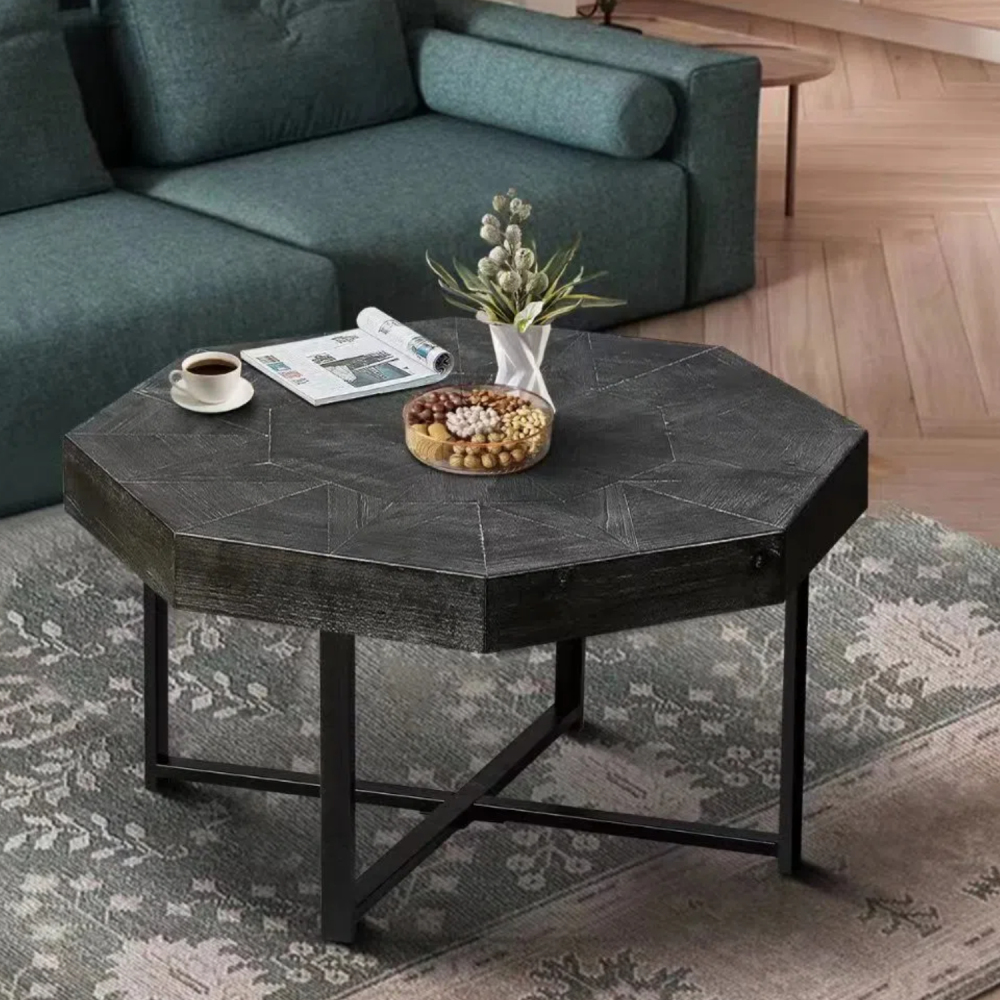 Vintage Octagonal Coffee Table with Patchwork Wood Top & Cross Metal Legs - 30" Antique Black Farmhouse Centerpiece for Living Room